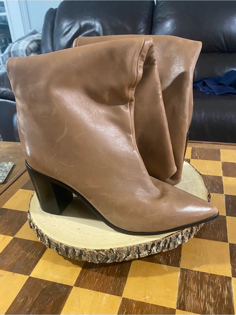 Schutz Women’s Caramel/Camel Pointed-Toe Block Heel Boots